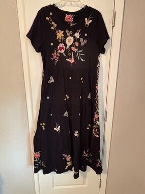 Johnny Was Black Floral Embroidered Maxi Dress